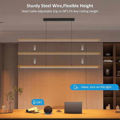 54" Linear Pendant Light Aluminum, 40W Gold Dimmable Kitchen Island Lighting with Remote & App Control, Adjustable CCT (3000K-6000K), Modern Chandelier for Home Office Dining Room Study