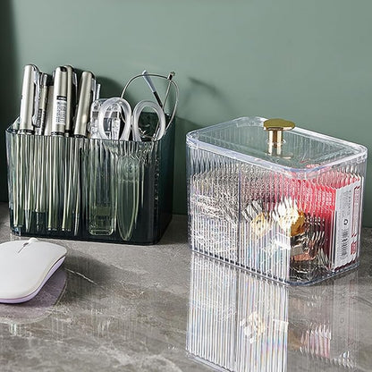 Qtips Holder Bathroom Container,3-Section Cotton Ball/Swabs Dispenser,3 Grids Apothecary Jar Organizer, Cosmetics Storage for Vanity