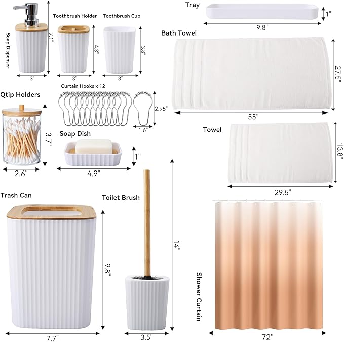 White Bathroom Set with Shower Curtain and Bath Towels, Beige Ombre Waterproof Shower Curtain with Stainless Steel Hooks, White Bathroom Accessories Set for Home Decor