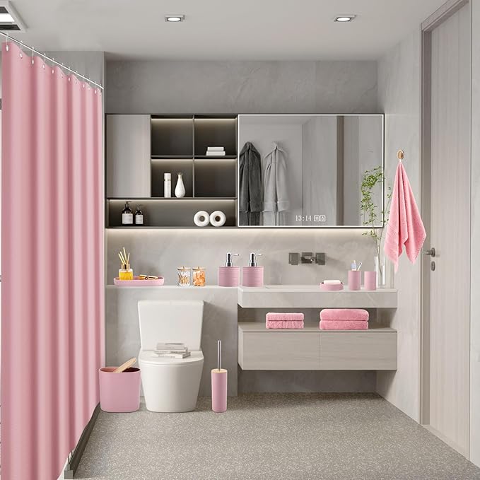 Pink Bathroom Accessories Set, Bathroom Sets with Shower Curtain, Bath Towel Set, Pink Shower Curtain Set with Bathroom Trash Can, Soap Dispenser, Soap Dish for Home Decor