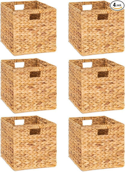 12 x 12in Water Hyacinth Storage Baskets, Wicker Storage Baskets for Shelves, Woven Baskets for Storage, Wicker Storage Basket for Bedroom, Living Room, Nursery Room (Natural 6 Packs 12x12in)