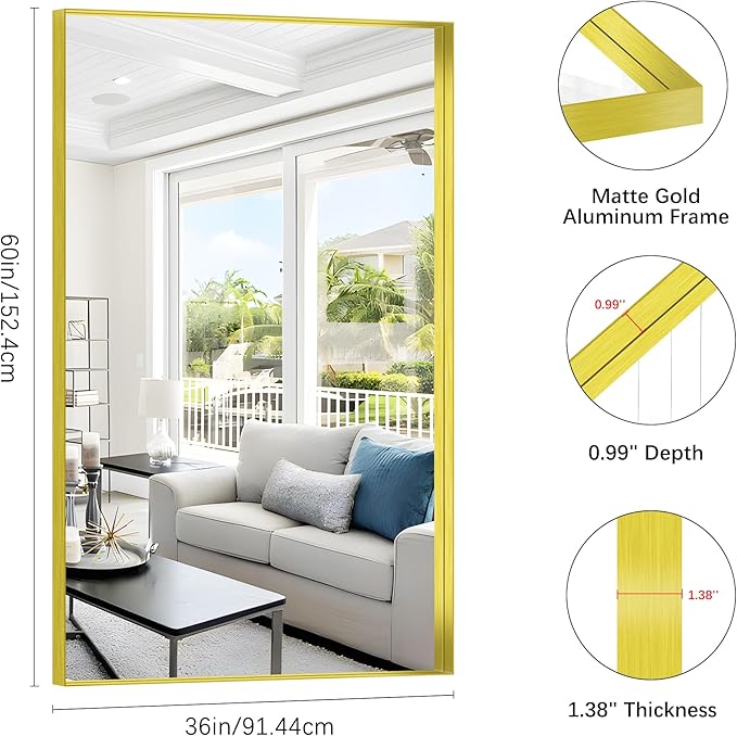 Gold Bathroom Mirror, 36x60 Inch Rectangular Deep Frame Mirror, Large Wall Mounted Bathroom Vanity Mirror Over Sink for Bedroom,Restroom, Living Room, Hangs Vertically or Horizontally