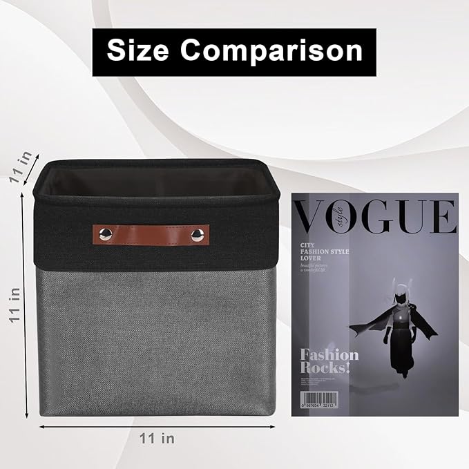 Collapsible Fabric Storage Cubes 11x11 Cube Storage Bins, 4 Pack Closet Baskets Box with Handles for Organizing, Shelf, Toys, Clothes, Home, Office, Nursery (Grey&Black)