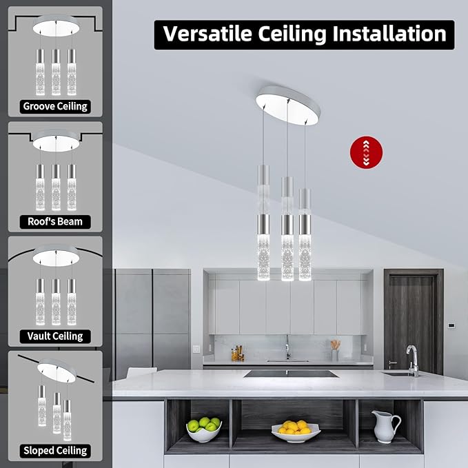 OKELI Smart Dimmable LED 3-Light Pendant Light for Kitchen Island, 18W 1350LM Modern Bubble Crystal Island Light Fixture with TUYA App & Voice Control, Adjustable 3000K-6000K, Electro-Chrome, Round