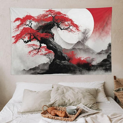 Cherry Blossoms Tapestry,Japanese Red Landscape Asian Watercolor Abstract Art Tapestry,Japanese Wall Tapestry, Nature Landscape Tapestries for Bedroom Living Room Decor 60"x40"