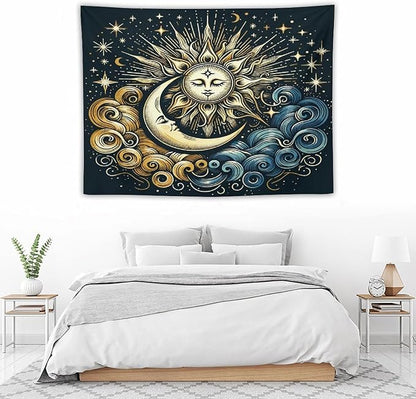 HZOHNAGO Sun Moon Tapestry Boho Golden Stars Pattern Printed Wall Tapestry Wall Hanging for Bedroom Living Room Dorm 40" W x 30" H
