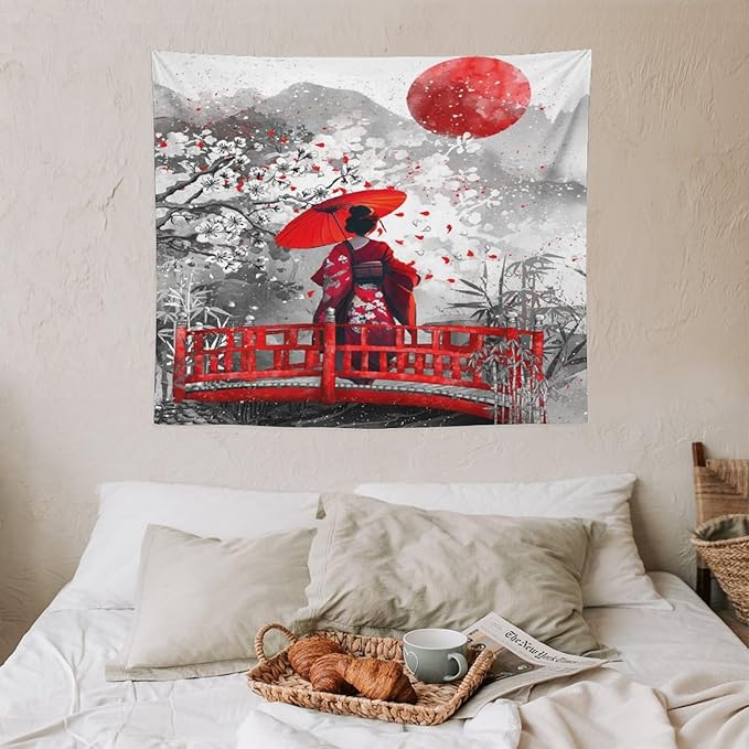 Japanese Red Geisha Tapestry Asian Cherry Blossom Red Sun Traditional Kimono Folk Tapestries Home Decor for Living Room Bedroom Apartment Farmhouse Dorm 60"x50"