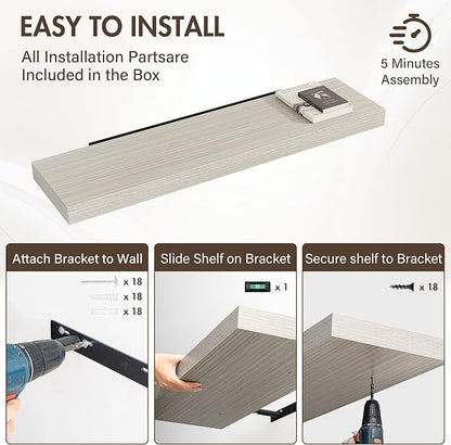 48 Inch Floating Shelves, 12" Deep Floating Shelf Wall Mounted, 48" Wall Shelves, Rustic Deep Bookshelf, Extra Deeper & Thicker Display Shelves for Bedroom, Living Room, Gray, Set of 2