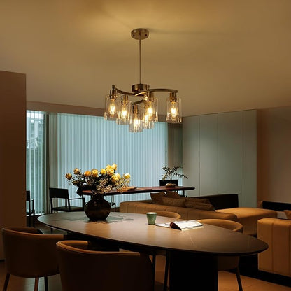 6-Light Brushed Nickel Chandeliers for Dining Room Light Fixtures Over Table, Adjustable Height Hanging Industrial Pendant Lighting for Kitchen Island Bedroom, Clear Glass Shade