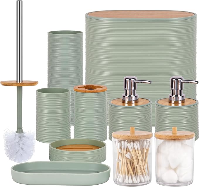 Bathroom Accessory Set,10 PCS LightGreen Bathroom Set with Trash Can,Toothbrush Holder,Soap Dispenser,Toothbrush Cup,Vanity Tray,Soap Dish,Toilet Brush,Qtip Holders