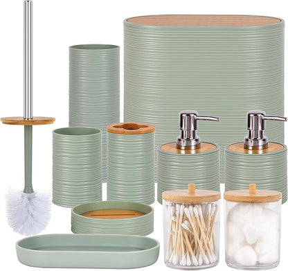 Bathroom Accessory Set,10 PCS LightGreen Bathroom Set with Trash Can,Toothbrush Holder,Soap Dispenser,Toothbrush Cup,Vanity Tray,Soap Dish,Toilet Brush,Qtip Holders