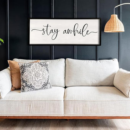 Stay Awhile Sign Wall Decor 32"X12" Large Solid Wood Frame For Hallway Living Room Entryway Farmhouse Wall Art Lets Stay Family Home Rustic Hanging Decoration (Black)
