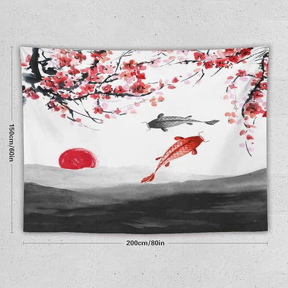 Houselerax Japanese Koi Fish Tapestries, Cherry Blossoms Asian Oriental Flower Branch Koi Fish Carp Tapestry Wall Hanging for Bedroom Living Room Office Decor 80"x60"