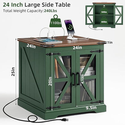 24" End Table with Charging Station, Farmhouse Night Stand with Glass Barn Door, Green Nightstands with Adjustable Storage Shelf, Large Wood Square Bed Side Table for Living Room, Bedroom