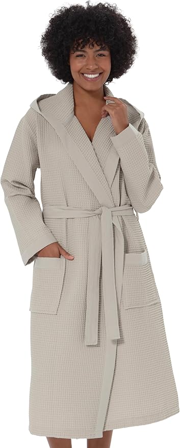Women’s Luxury Waffle Shawl Collar, Hooded Robe w Piping – Lightweight, Long, Ultra Soft Spa Sleepwear Bathrobe
