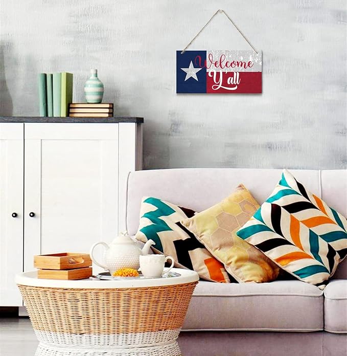 Welcome Y'all Decor Sign, Hanging Wood Sign Home Decorative, Printed Wood Wall Art Sign, Wooden Hanging Sign, Texas Flag Welcome Door Hanger, Welcome Sign for Front Door, Farmhouse Porch Decor 12*6in