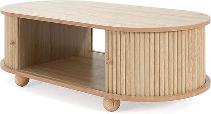 Oval Coffee Table with Storage for Living Room, Retro Charm Wooden Fluted Center Table, 47.24" Modern Classic Accordion Door Coffee Tables Dual Level Storage Side Table for Home,Office-Natural
