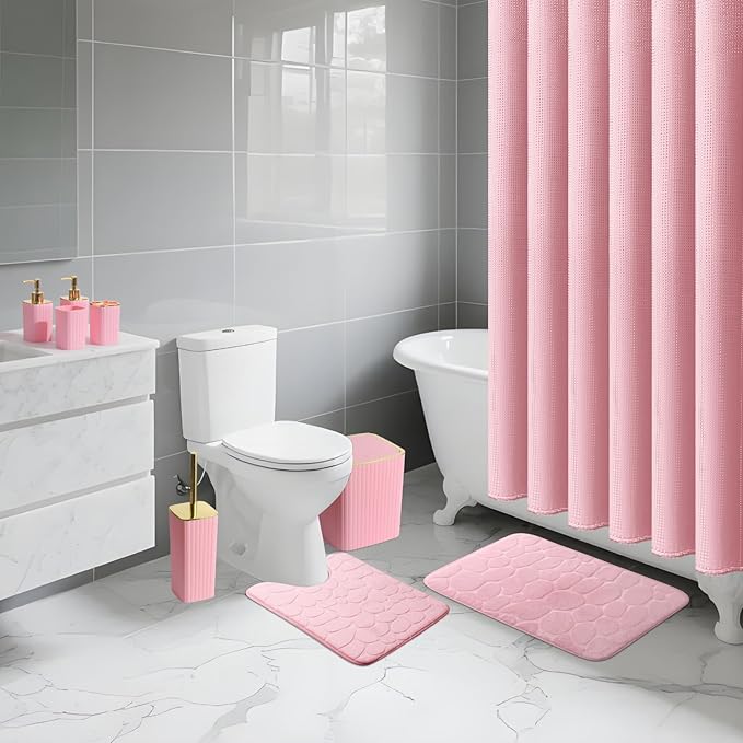 Pink Bathroom Set with Shower Curtain and Rugs- 25PC Bathroom Accessory Set, Pink Shower Curtain Set, Toilet Brush, Trash Can, Qtip Holder Dispenser & Soap Dispenser