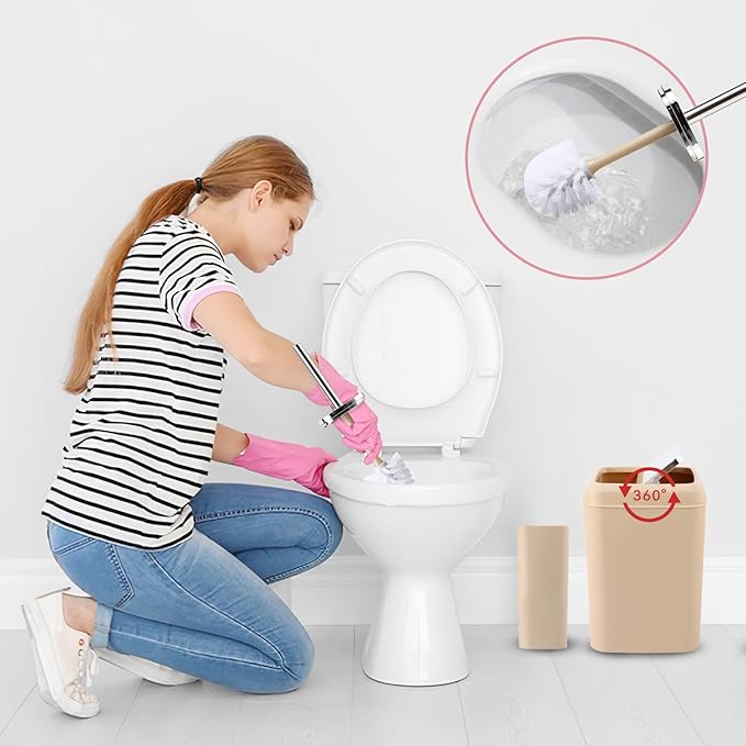 Beige Bathroom Set, Plastic 9-Piece Bathroom Set with Trash Can, Soap Dispenser, Toothbrush Holder, Toothbrush Cup, Soap Dish, Toilet Brush, Tray and Q-tip Holders for Bathroom/Housewarming