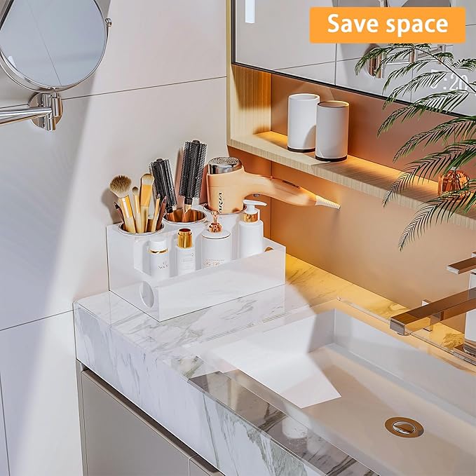White Hair Tool Organizer Acrylic Hair Dryer and Styling Holder, Bathroom Countertop Blow Dryer Holder, Vanity Caddy Storage Stand for Accessories, Makeup, Toiletries