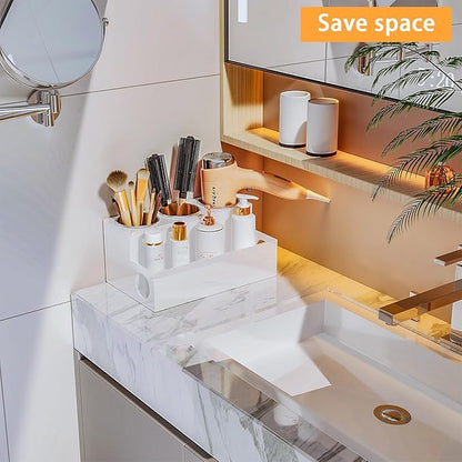 White Hair Tool Organizer Acrylic Hair Dryer and Styling Holder, Bathroom Countertop Blow Dryer Holder, Vanity Caddy Storage Stand for Accessories, Makeup, Toiletries