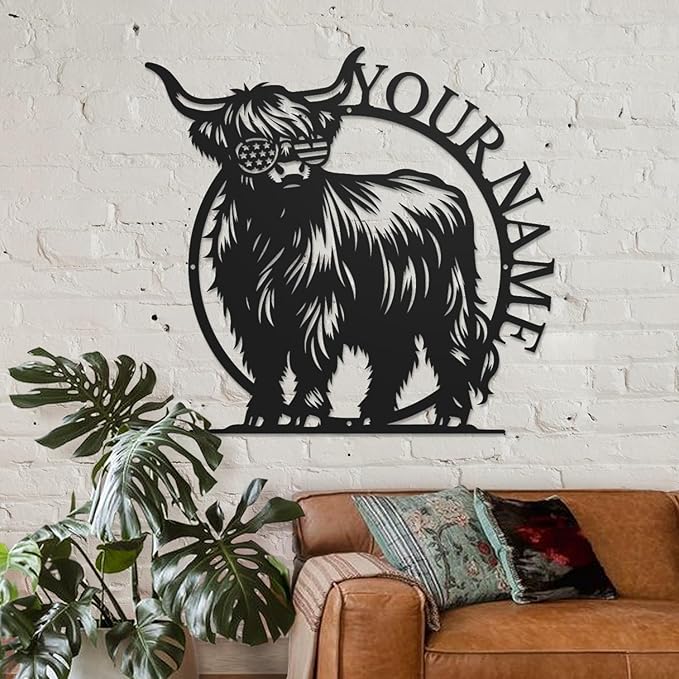 Personalized Highland Cow Name metal Signs,Custom Highland Cow Metal Shed Wall Decor,Black Metal Wall Art Plaques Outdoor wall Decorative Signage (Style G)