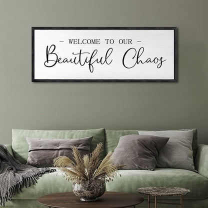 Welcome To Our Beautiful Chaos Sign Wall Decor Framed Wood 32X12 Inch For Rustic Home Living Room Entryway Bedroom Hanging Art (Black)