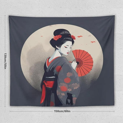 Japanese Woman Geisha Tapestry Asian Red Cherry Blossom Red Sun Traditional Kimono Folk Tapestries Home Decor for Living Room Bedroom Apartment Farmhouse Dorm 60"x50"