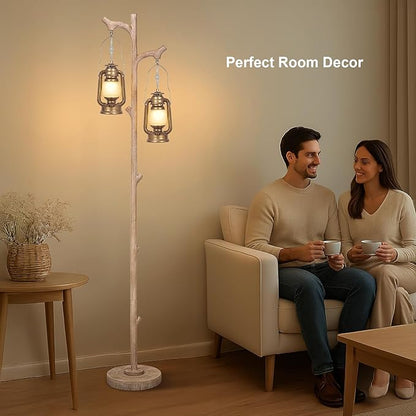 Scenekoy Vintage 68” Tall Floor Lamp with Lanterns, Retro Standing Lamp Tree Trunk Finish & Resin Body, Rustic Dimmable Corner Lamp Stand Up Light with Bulb Prefer for Living Room Bedroom Home Decor