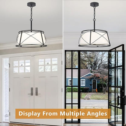 15.7" Black Drum Chandelier,3-Light Modern Farmhouse Chandelier,White Fabric Drum Shade Pendant Light Fixture for Dining Room Kitchen Island Bedroom Entryway