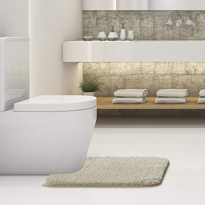 Suchtale Bathroom Contour Rug Non Slip Bath Mat Water Absorbent Soft Microfiber Shaggy Bathroom Mat Machine Washable Bath Rug for Bathroom Thick Plush U Shape Toilet Rug (20 x 24, Light Tan)