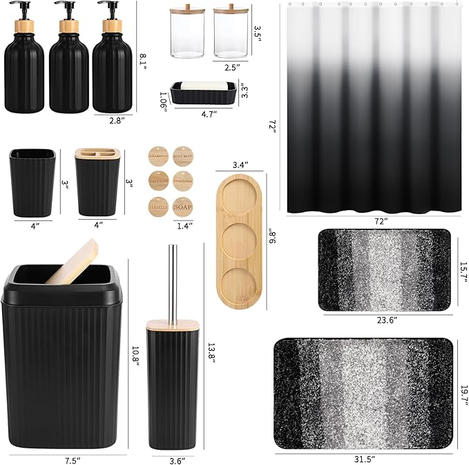 32PCS Bathroom Sets with Shower Curtain and Rugs,Bathroom Set Black Bathroom Accessories Black Shower Curtain Set with Bathroom Trash Can