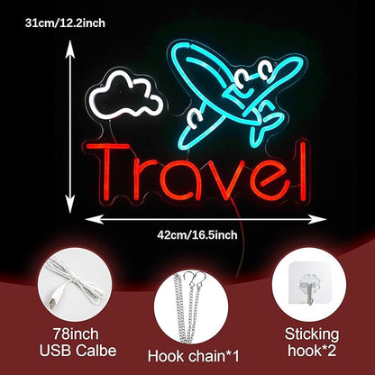 Travel Neon Sign USB Airplane LED Light Up Sign for Wall Decor Dimmable 12.2 * 16.5 In Go To Tranel Neon Light for Airport Travel Agency Bedroom(Ice Blue Red White)