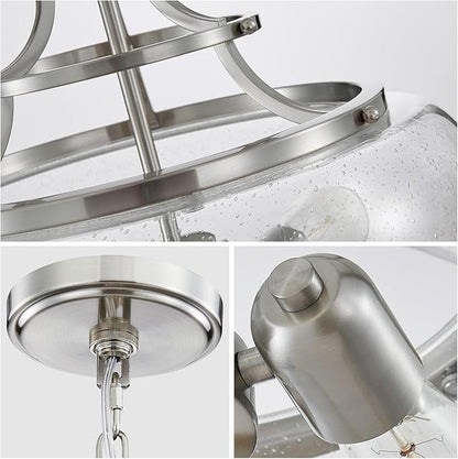 WUZUPS Chandelier Rustic Farmhouse Industrial Round Ceiling Pendant LED Light Fixture Clear Seeded Glass Shade for Dining Room Kitchen Island Foyer Entryway, H 20.9" x W 15.9", Brushed Nickel