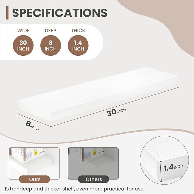 30 Inch Floating Shelves, 8 Inch Deep Floating Shelves for Wall, Hanging Shelf with Invisible Brackets, Deep Shelves for Bathroom, Bedroom, Living Room, White, Set of 2