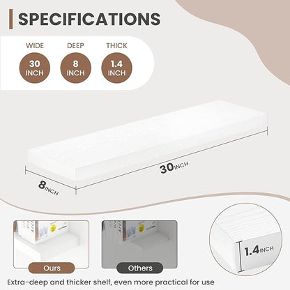 30 Inch Floating Shelves, 8 Inch Deep Floating Shelves for Wall, Hanging Shelf with Invisible Brackets, Deep Shelves for Bathroom, Bedroom, Living Room, White, Set of 2