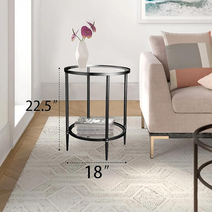 2 Tier Round Side Table, Black End Table with Glass Top, Modern Metal Clear Coffee Table，Small Accent Table for Living Room, Bedroom, 18" x 18" x 24"