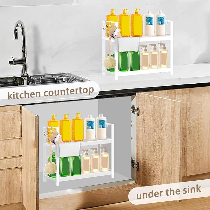 Bathroom Organizer Countertop with Basket & Hooks, 2 Tier Shelf Bathroom Organizers and Storage for Perfume, Cologne, White Countertop Organizer for Vanity, Kitchen, Office or Under Sinks