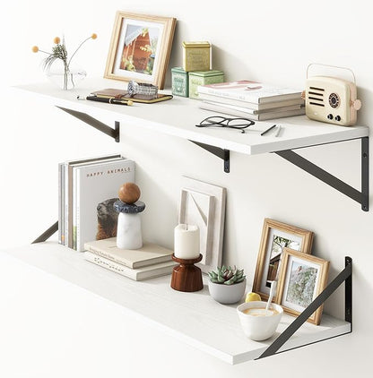 36"W x 12"D Floating Shelves, White Deep Floating Shelves for Wall with Brackets, 12 Inch Deep Wall Shelves for Books, Wide Display Storage Shelves for Bathroom, Living Room, 36 Inch Long, Set of 2