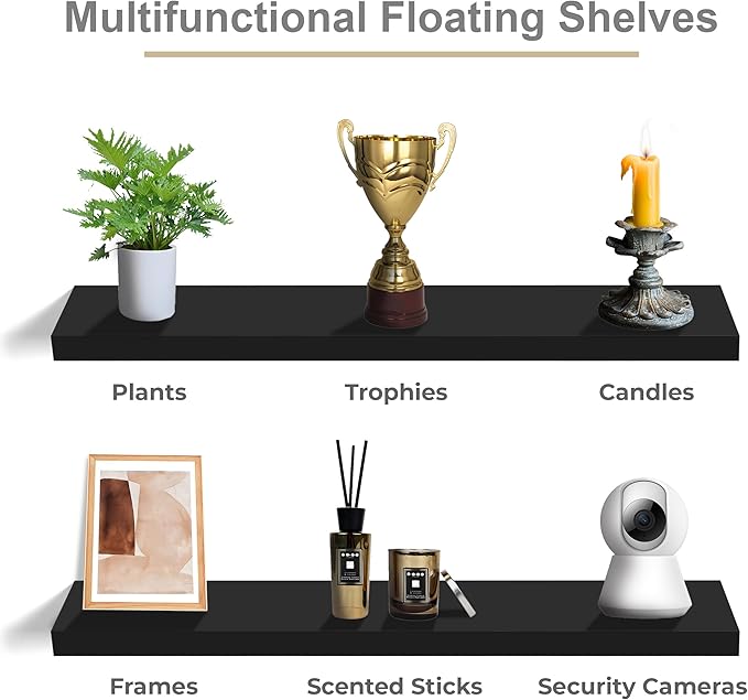 Sorbus Floating Shelves for Wall - 48 Inch Long Bathroom Shelves, Wall Decor for Bedroom, Kitchen, Living Room & Book Storage - Mounted Floating Shelf with Invisible Brackets (Black, 3 Pack)