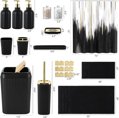 32PCS Bathroom Accessory Set Black Bathroom Accessories Bathroom Set, Shower Curtain Set, 2 Piece Bath Towel Set, 3PC Soap Dispenser, Toilet Brush & Trash Can