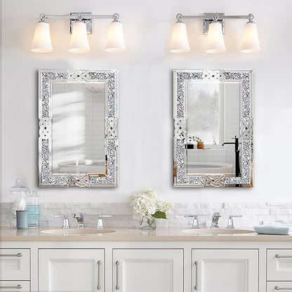 Crushed Diamond Decorative Wall Mirrors, 24x36 Inch Rectangle Living Room Mirrors for Wall Decor, Modern Glam Bathroom Dining Room Entryway Mirror Silver