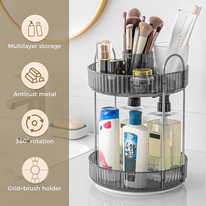 360° Rotating Makeup Organizer, Upgraded 2 Tier Skincare Perfume Organizers for Women, Bathroom Organizer Countertop, Clear Cosmetic Dresser Organizer with Makeup Brush Holder, Sink&Counter(Grey)