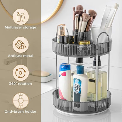 360° Rotating Makeup Organizer, Upgraded 2 Tier Skincare Perfume Organizers for Women, Bathroom Organizer Countertop, Clear Cosmetic Dresser Organizer with Makeup Brush Holder, Sink&Counter(Grey)