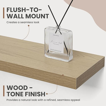 24 Inch Floating Shelves, 8 Inch Deep Floating Shelves for Wall, Hanging Shelf with Invisible Brackets, Deep Shelves for Bathroom, Bedroom, Living Room, Oak, Set of 2