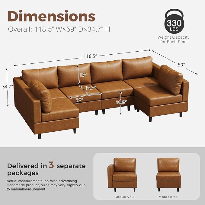 118.5" Faux Leather Modular Sectional Sofa with Storage Seat, Modern 6 Seater Couch Deep Seat with Removable Cover DIY Combination Brown