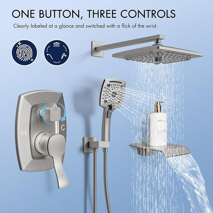 ELLO&ALLO Shower Tub Shower Faucet Set Brushed Nickel Mixing Valve and Trim Kit, Rainfall Waterfall Shower Head with Handheld Combo