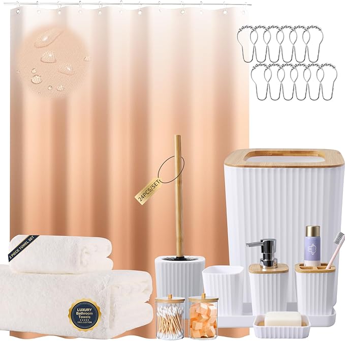 White Bathroom Set with Shower Curtain and Bath Towels, Beige Ombre Waterproof Shower Curtain with Stainless Steel Hooks, White Bathroom Accessories Set for Home Decor