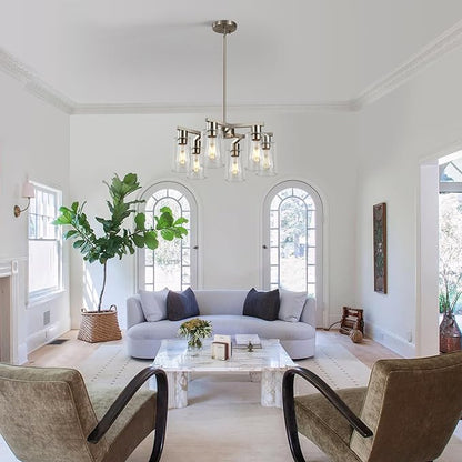 6-Light Farmhouse Brushed Nickel Chandelier,Modern Chandeliers for Dining Room Light Fixture Over Table,Adjustable Hanging Industrial Rustic Pendant Lights Kitchen Island Light with Clear Glass Shade