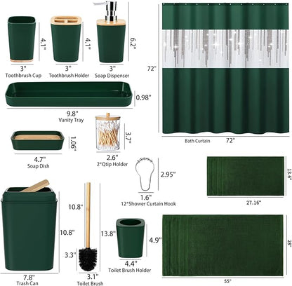 Dark Green Bathroom Accessories Set with Sequin Shower Curtain Dark Green Bathroom Decor with Trash Can,Toothbrush Holder, Toothbrush Cup,Soap Dispenser, Tray, Soap Dish,Toilet Brush